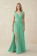 V-Neck Chiffon Pleated A-Line Bridesmaid Dress in Turquoise - SHE IS ME BRIDESMAID DRESSES