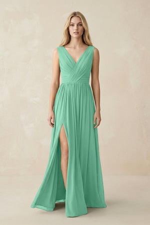 V-Neck Chiffon Pleated A-Line Bridesmaid Dress in Turquoise - SHE IS ME BRIDESMAID DRESSES