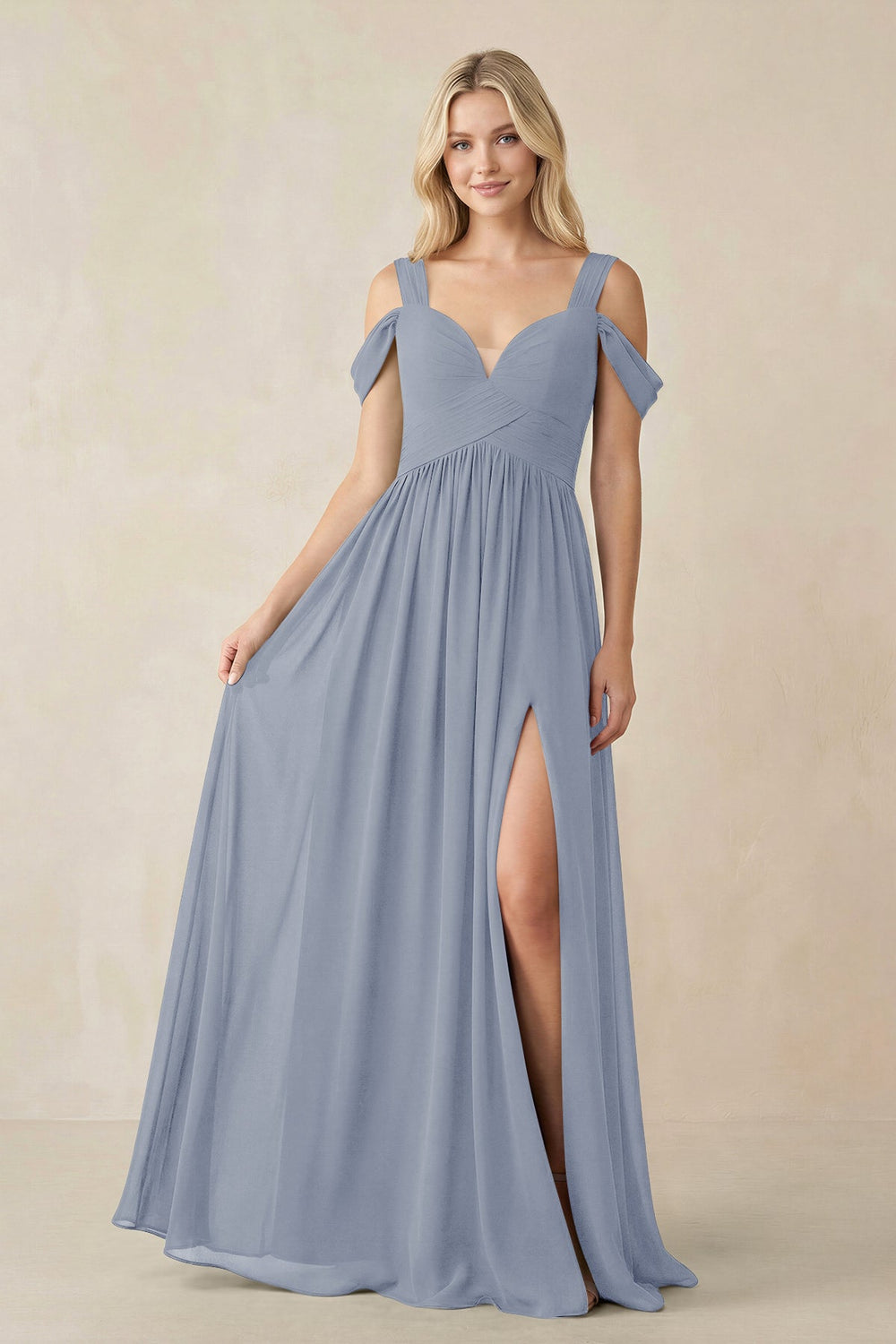 Chiffon A-Line Bridesmaid Dress with Slit  in Twilight - KISS BRIDAL BRIDESMAID DRESSES