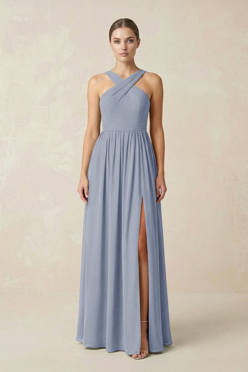 Cross Halter Neck Chiffon A-Line Bridesmaid Dress With Slit in Twilight - KISS BRIDAL BRIDESMAID DRESSES