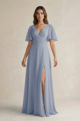 Flutter Sleeve V-Neck A-Line Chiffon Bridesmaid Dress in Twilight