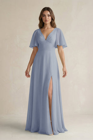 Flutter Sleeve V-Neck A-Line Chiffon Bridesmaid Dress in Twilight