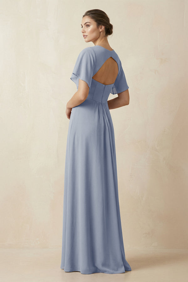 Short Sleeve V-Neck Chiffon A-Line Bridesmaid Dress in Twilight - SHE IS ME BRIDESMAID DRESSES