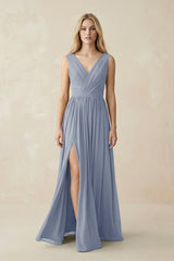 V-Neck Chiffon Pleated A-Line Bridesmaid Dress in Twilight - KISS BRIDAL BRIDESMAID DRESSES