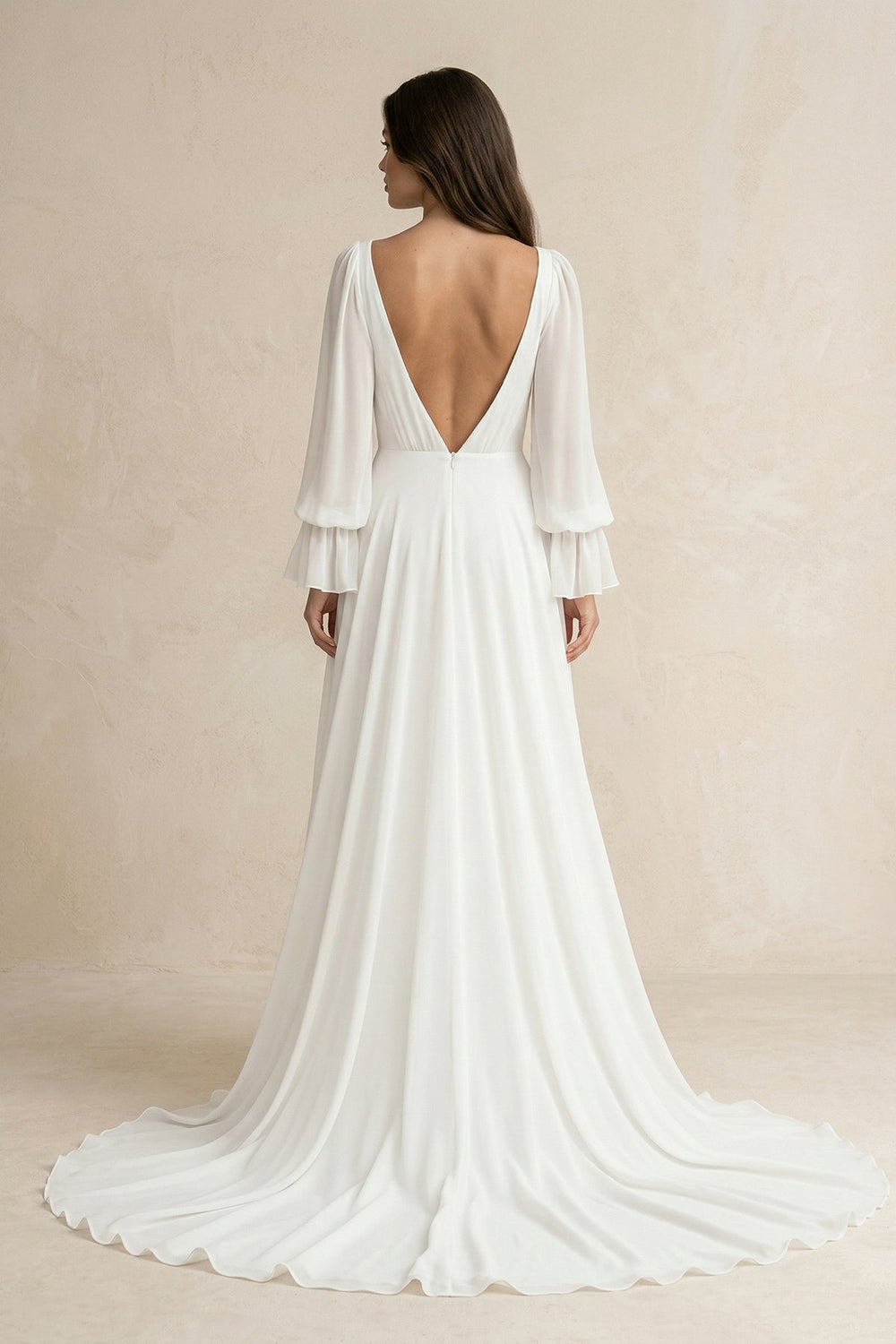 Chiffon V - Neck A - Line Long Sleeves Wedding Dress in White - KISS BRIDAL Wedding Dresses
