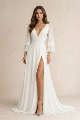 Chiffon V - Neck A - Line Long Sleeves Wedding Dress in White - KISS BRIDAL Wedding Dresses