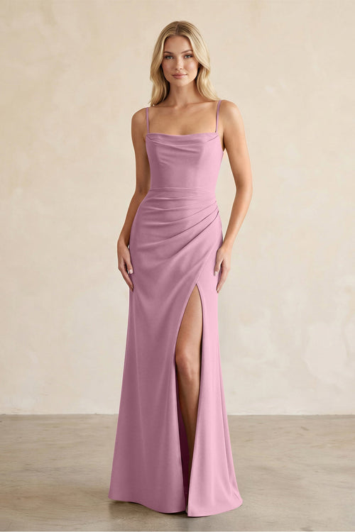 Cami Strap Chiffon Sheath Bridesmaid Dress with Slit in Vintage Mauve - SHE IS ME BRIDESMAID DRESSES