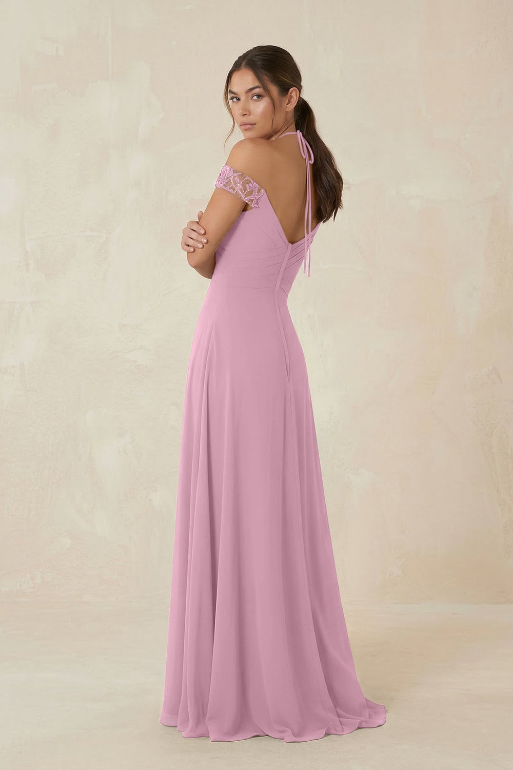 A-Line Off-the-Shoulder Chiffon Bridesmaid Dress in Vintage Mauve - KISS BRIDAL BRIDESMAID DRESSES
