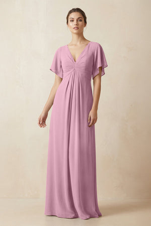 Short Sleeve V-Neck Chiffon A-Line Bridesmaid Dress in Vintage Mauve - SHE IS ME BRIDESMAID DRESSES