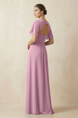 Short Sleeve V-Neck Chiffon A-Line Bridesmaid Dress in Vintage Mauve - SHE IS ME BRIDESMAID DRESSES