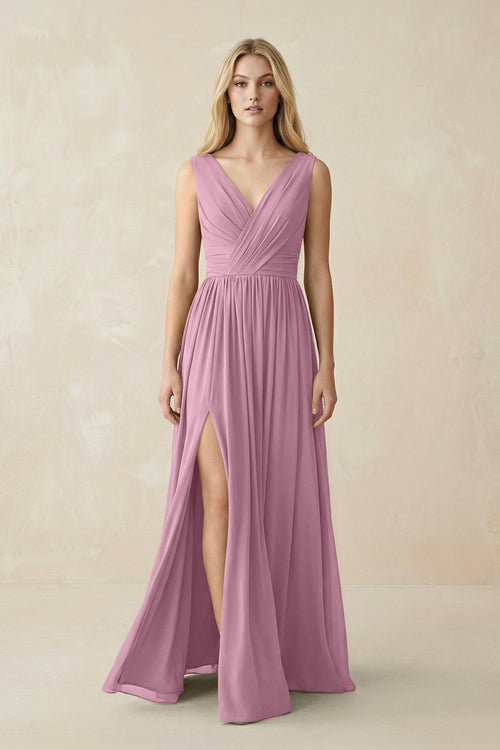 V-Neck Chiffon Pleated A-Line Bridesmaid Dress in Vintage Mauve - SHE IS ME BRIDESMAID DRESSES