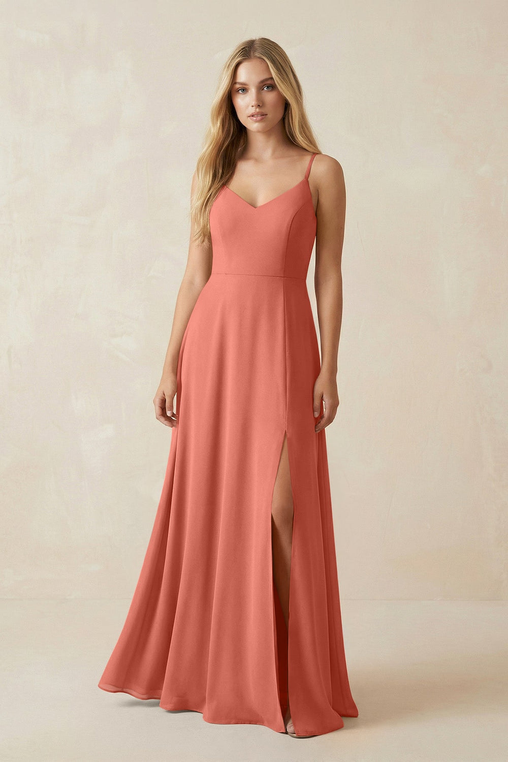 Cami Strap A-Line Chiffon Bridesmaid Dress with Slit in Wild Rose - SHE IS ME BRIDESMAID DRESSES