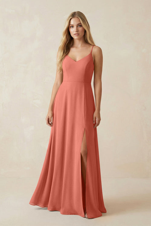 Cami Strap A-Line Chiffon Bridesmaid Dress with Slit in Wild Rose - KISS BRIDAL BRIDESMAID DRESSES