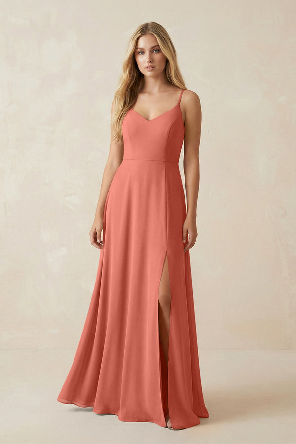 Cami Strap A-Line Chiffon Bridesmaid Dress with Slit in Wild Rose - SHE IS ME BRIDESMAID DRESSES
