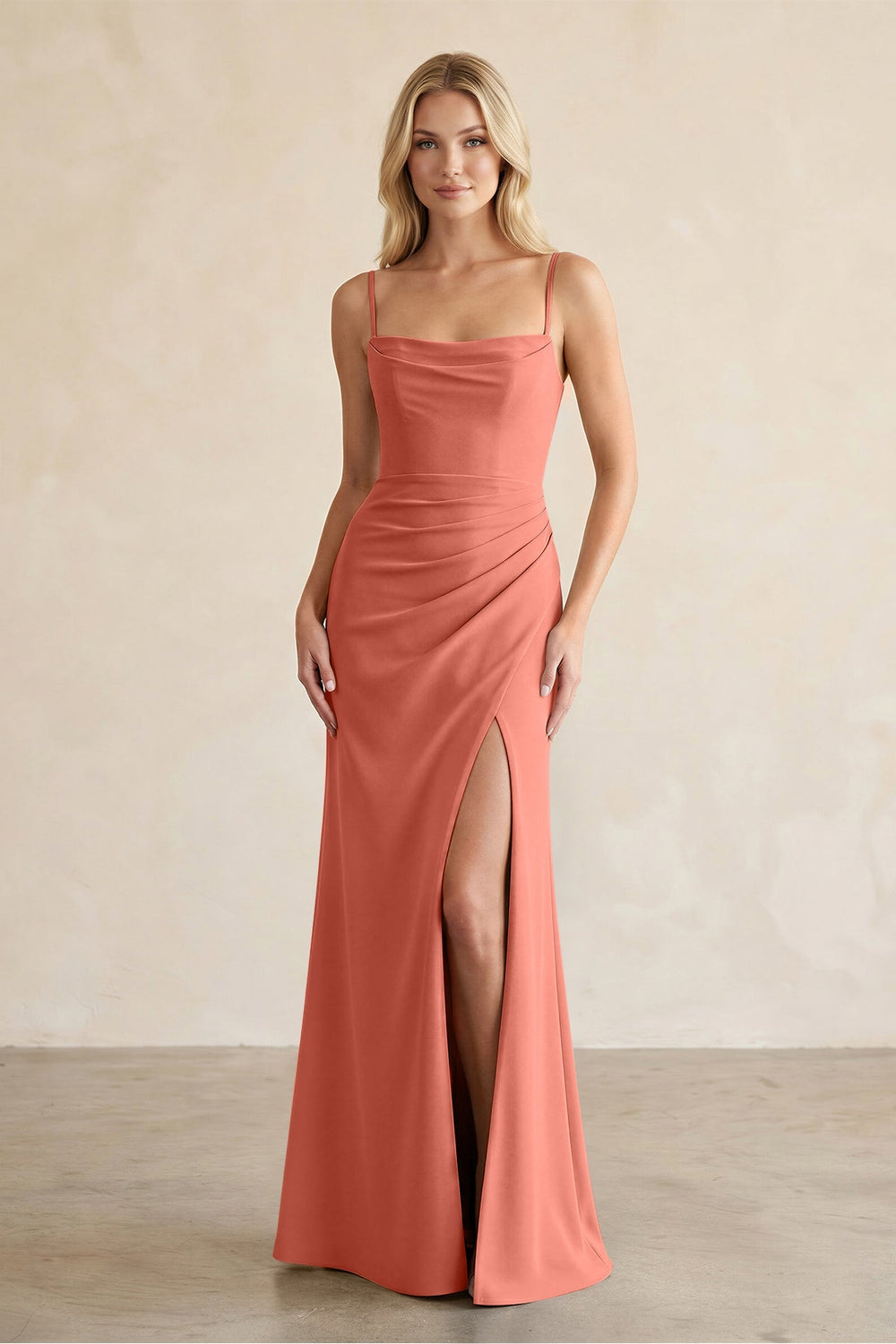 Cami Strap Chiffon Sheath Bridesmaid Dress with Slit in Wild Rose - KISS BRIDAL BRIDESMAID DRESSES