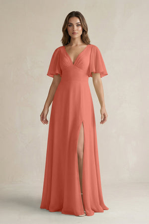 Flutter Sleeve V-Neck A-Line Chiffon Bridesmaid Dress in Wild Rose