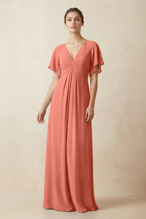 Short Sleeve V-Neck Chiffon A-Line Bridesmaid Dress in Wild Rose - SHE IS ME BRIDESMAID DRESSES
