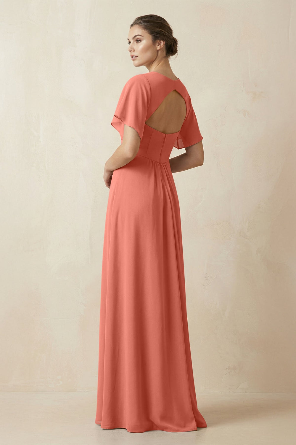 Short Sleeve V-Neck Chiffon A-Line Bridesmaid Dress in Wild Rose - KISS BRIDAL BRIDESMAID DRESSES