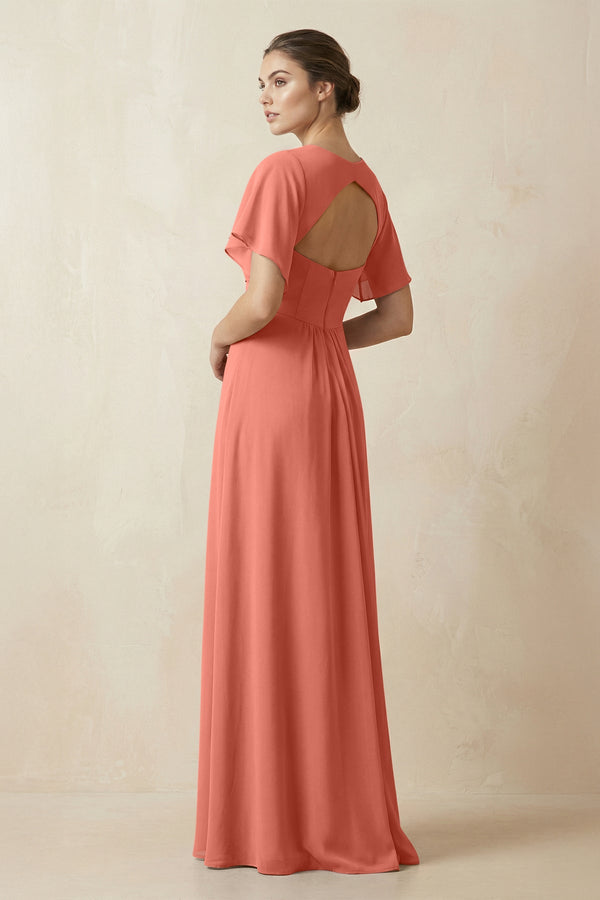 Short Sleeve V-Neck Chiffon A-Line Bridesmaid Dress in Wild Rose - SHE IS ME BRIDESMAID DRESSES