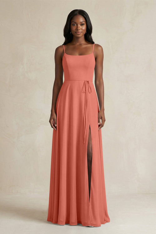 A-Line Spaghetti Straps Chiffon Bridesmaid Dress in Wild Rose