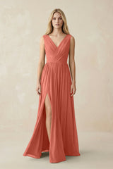 V-Neck Chiffon Pleated A-Line Bridesmaid Dress in Wild Rose - KISS BRIDAL BRIDESMAID DRESSES