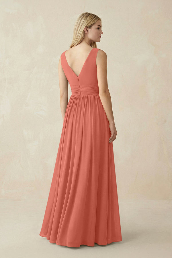 V-Neck Chiffon Pleated A-Line Bridesmaid Dress in Wild Rose - SHE IS ME BRIDESMAID DRESSES