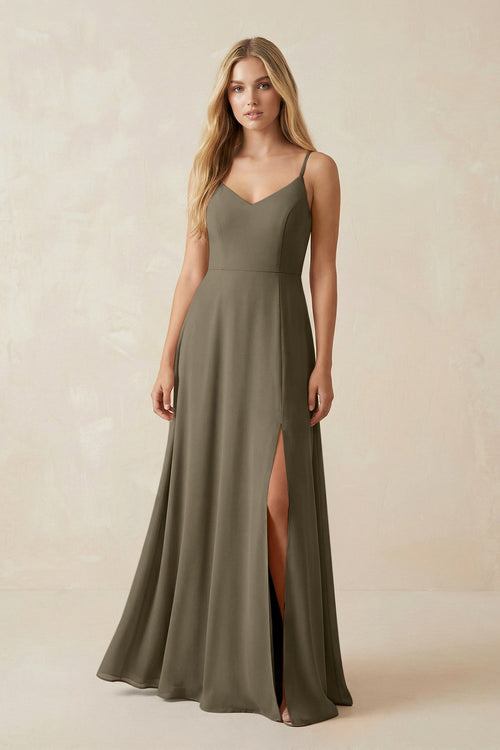 Cami Strap A-Line Chiffon Bridesmaid Dress with Slit in Willow Green - SHE IS ME BRIDESMAID DRESSES