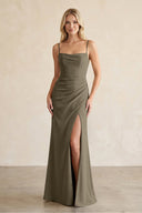 Cami Strap Chiffon Sheath Bridesmaid Dress with Slit in Willow Green - SHE IS ME BRIDESMAID DRESSES