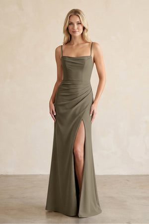 Cami Strap Chiffon Sheath Bridesmaid Dress with Slit in Willow Green - SHE IS ME BRIDESMAID DRESSES