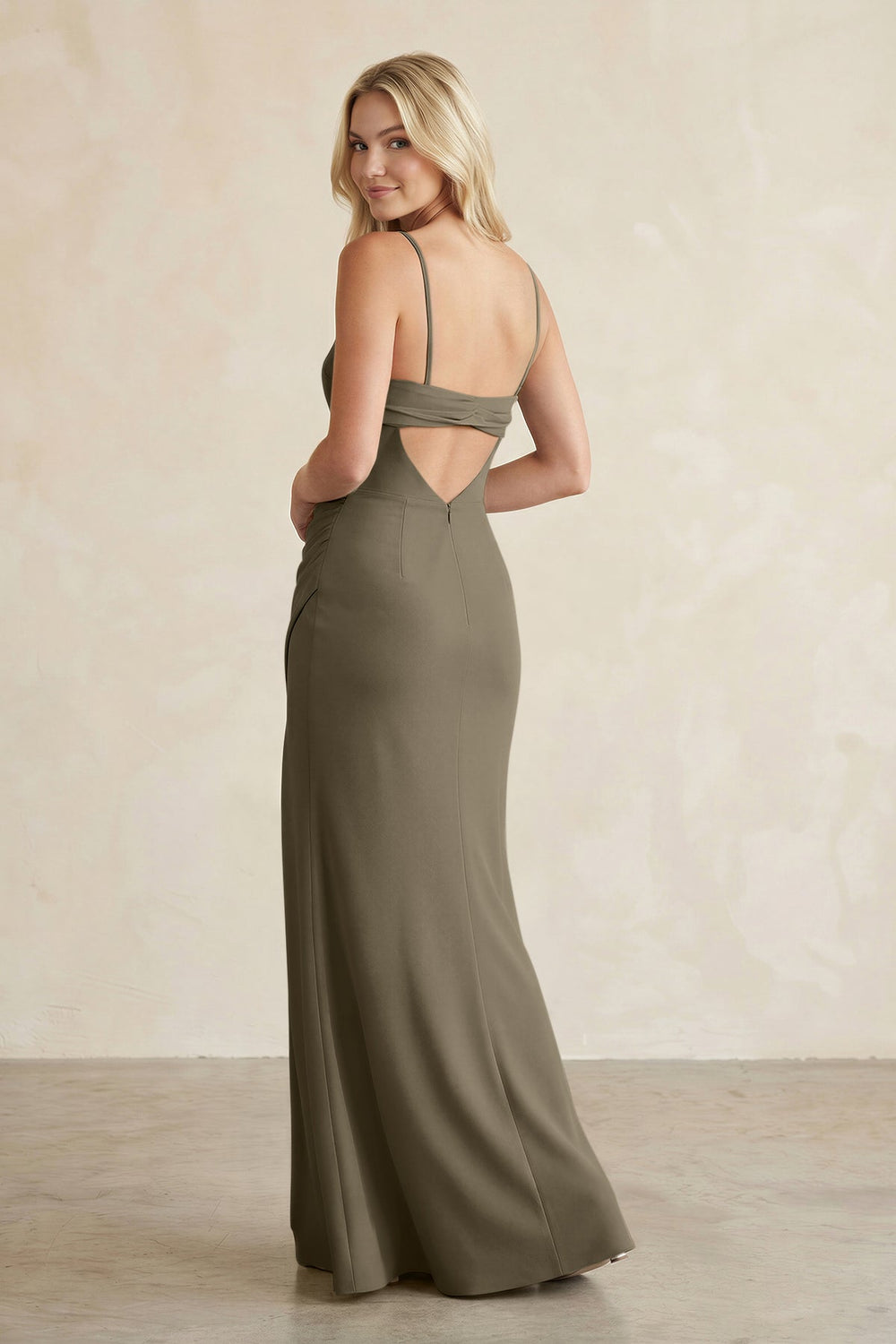 Cami Strap Chiffon Sheath Bridesmaid Dress with Slit in Willow Green - KISS BRIDAL BRIDESMAID DRESSES