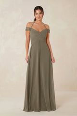 A-Line Off-the-Shoulder Chiffon Bridesmaid Dress in Willow Green - KISS BRIDAL BRIDESMAID DRESSES
