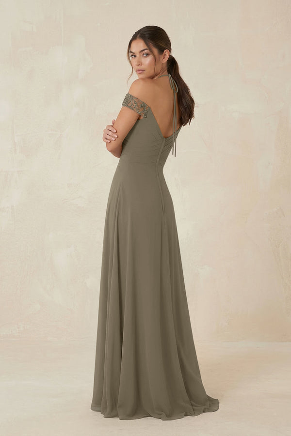 A-Line Off-the-Shoulder Chiffon Bridesmaid Dress in Willow Green - KISS BRIDAL BRIDESMAID DRESSES