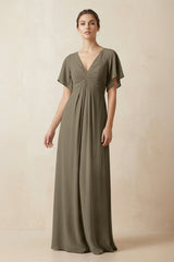 Short Sleeve V-Neck Chiffon A-Line Bridesmaid Dress in Willow Green - KISS BRIDAL BRIDESMAID DRESSES