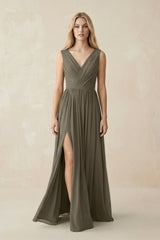 V-Neck Chiffon Pleated A-Line Bridesmaid Dress in Willow Green - KISS BRIDAL BRIDESMAID DRESSES