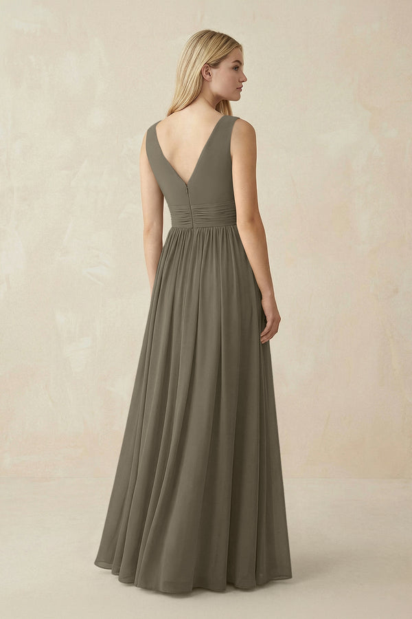 V-Neck Chiffon Pleated A-Line Bridesmaid Dress in Willow Green - SHE IS ME BRIDESMAID DRESSES
