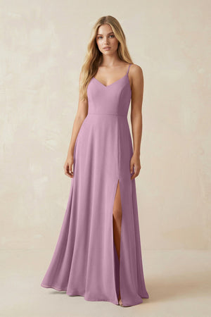 Cami Strap A-Line Chiffon Bridesmaid Dress with Slit in Wisteria - SHE IS ME BRIDESMAID DRESSES