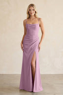 Cami Strap Chiffon Sheath Bridesmaid Dress with Slit in Wisteria - SHE IS ME BRIDESMAID DRESSES