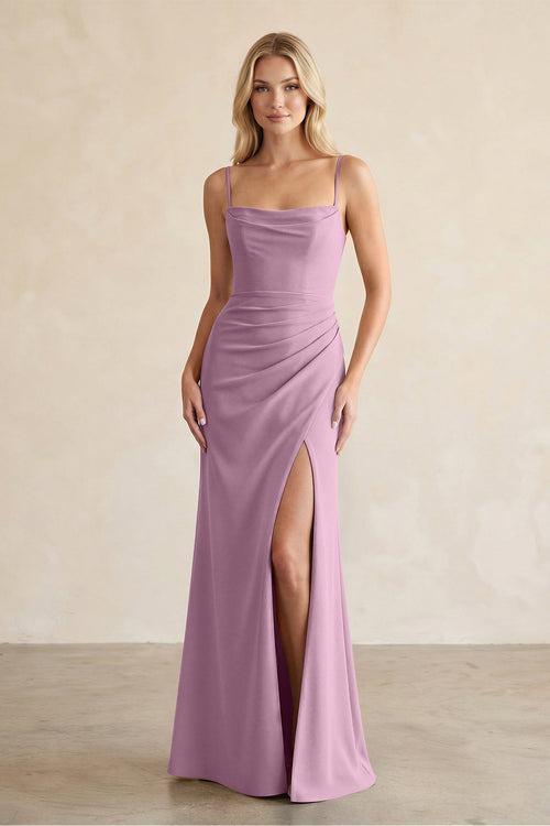 Cami Strap Chiffon Sheath Bridesmaid Dress with Slit in Wisteria - SHE IS ME BRIDESMAID DRESSES