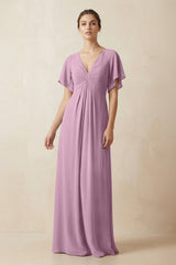 Short Sleeve V-Neck Chiffon A-Line Bridesmaid Dress in Wisteria - KISS BRIDAL BRIDESMAID DRESSES