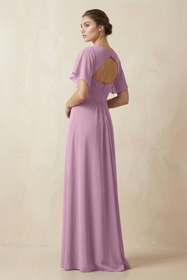 Short Sleeve V-Neck Chiffon A-Line Bridesmaid Dress in Wisteria - SHE IS ME BRIDESMAID DRESSES