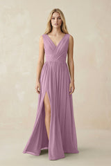 V-Neck Chiffon Pleated A-Line Bridesmaid Dress in Wisteria - KISS BRIDAL BRIDESMAID DRESSES
