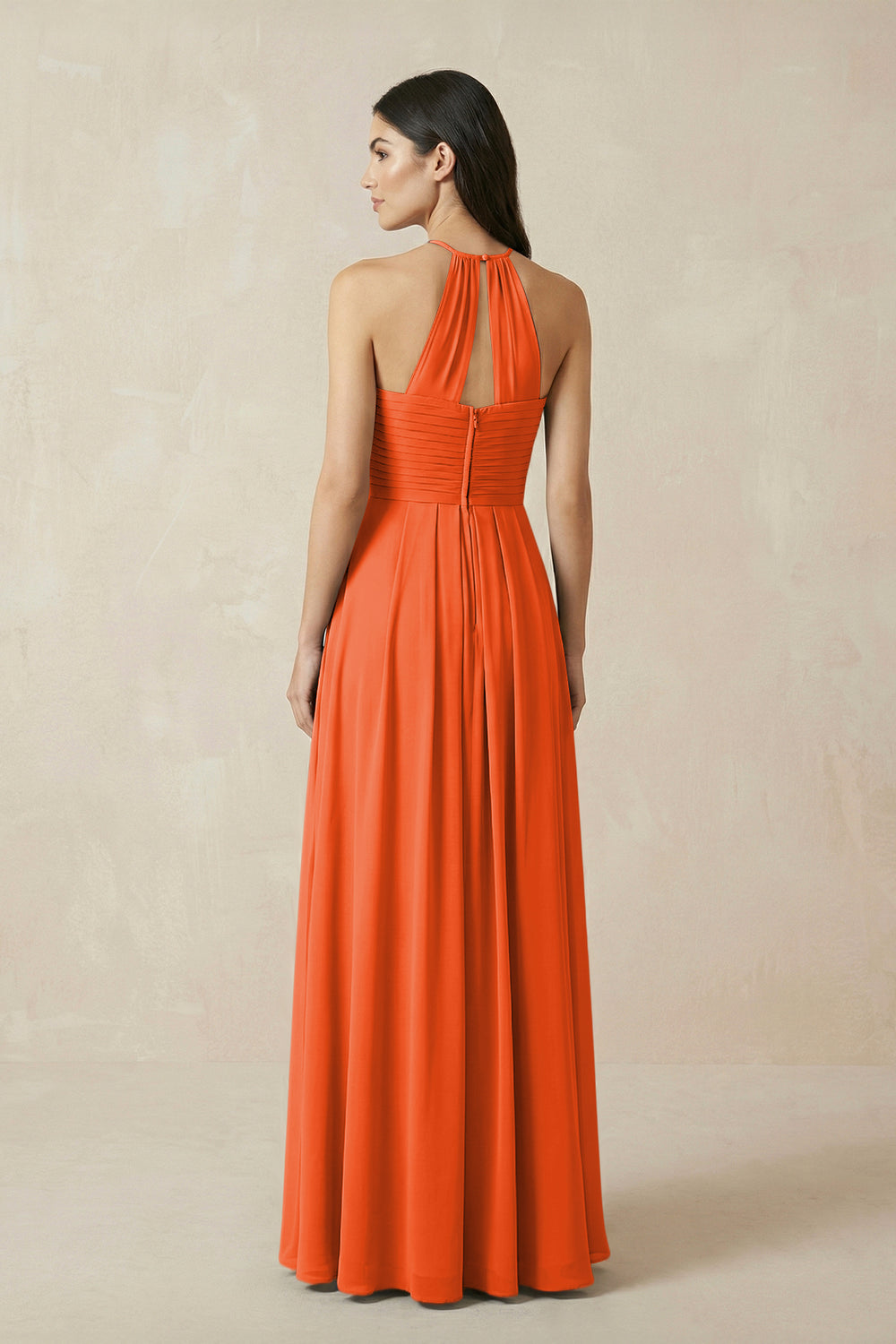A-Line Halter Neck Pleated Chiffon Bridesmaid Dress in Cinnamon