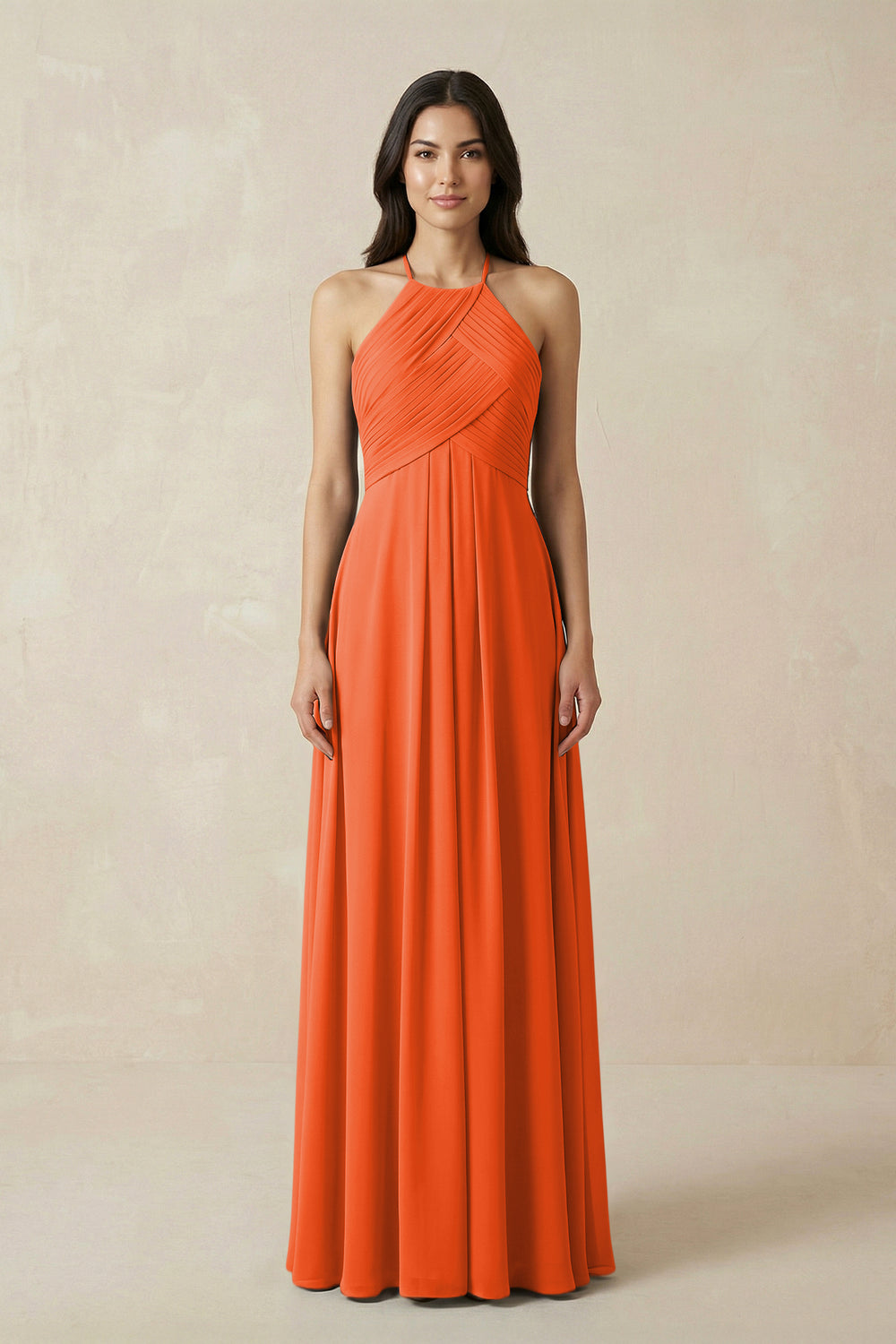 A-Line Halter Neck Pleated Chiffon Bridesmaid Dress in Cinnamon