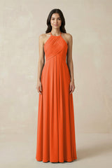 Cinnamon A-Line Halter Neck Pleated Chiffon Bridesmaid Dress | KISSBRIDAL