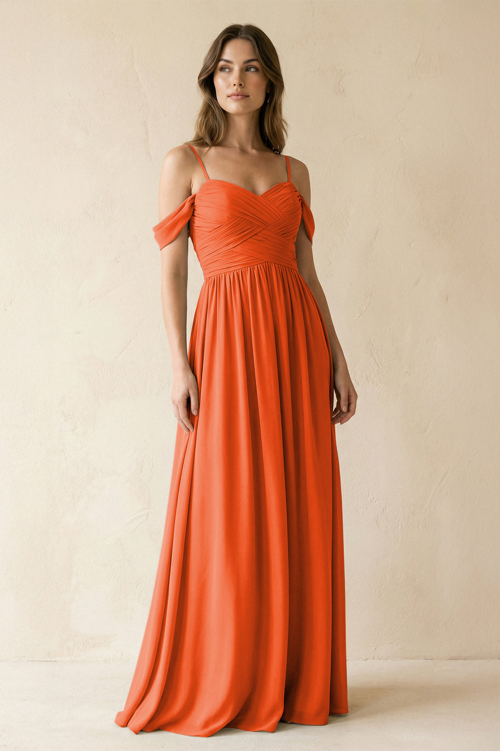 A-Line Off-the-Shoulder Pleated Chiffon Bridesmaid Dress in Cinnamon