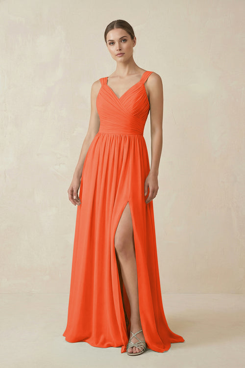 Cinnamon A-Line Pleated Chiffon Long Bridesmaid Dress | KISSBRIDAL