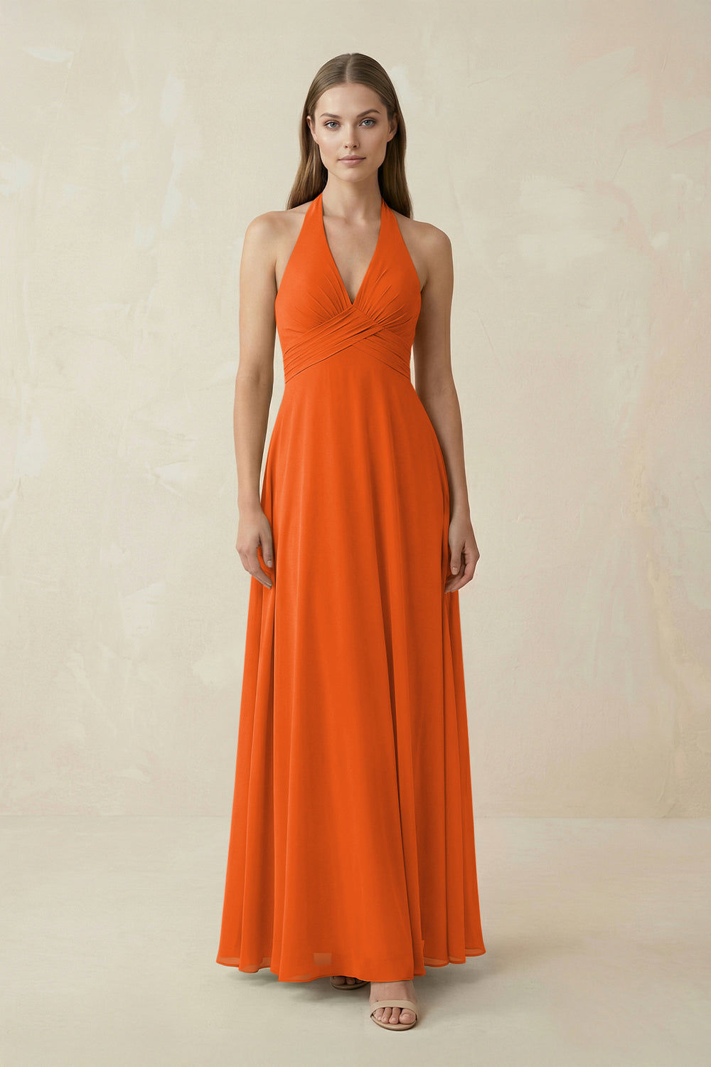 A-Line Pleated Chiffon V-Neck Bridesmaid Dress in Cinnamon