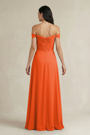 Cinnamon A-Line Pleated Off-the-Shoulder Chiffon Bridesmaid Dress (2) | KISSBRIDAL