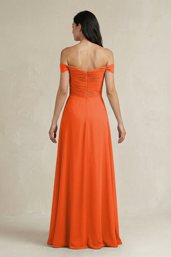 Cinnamon A-Line Pleated Off-the-Shoulder Chiffon Bridesmaid Dress (2) | KISSBRIDAL
