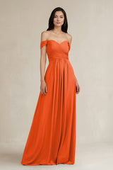 Cinnamon A-Line Pleated Off-the-Shoulder Chiffon Bridesmaid Dress | KISSBRIDAL